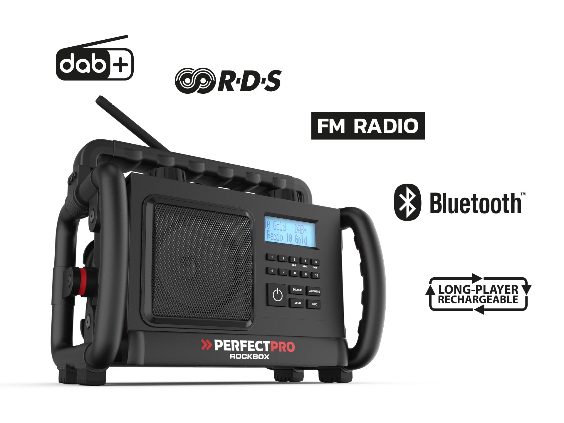Dab Résistante aux Chocs Radio Portable avec Port AUX PerfectPro Radio de Chantier Rockbox Enceinte Bluetooth avec réception FM 